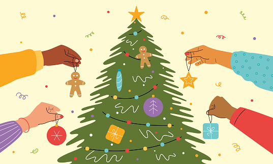 Human hands hold Christmas tree decorations. People are preparing for the New Year and Christmas. Corporate party. Vector stock illustration.