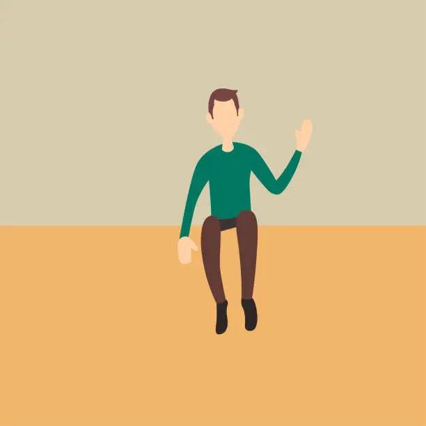 Vector illustration of Young man waving his hand and sitting down
