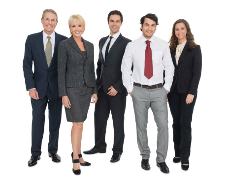 Full length portrait of confident multi-ethnic business people standing together against white background.