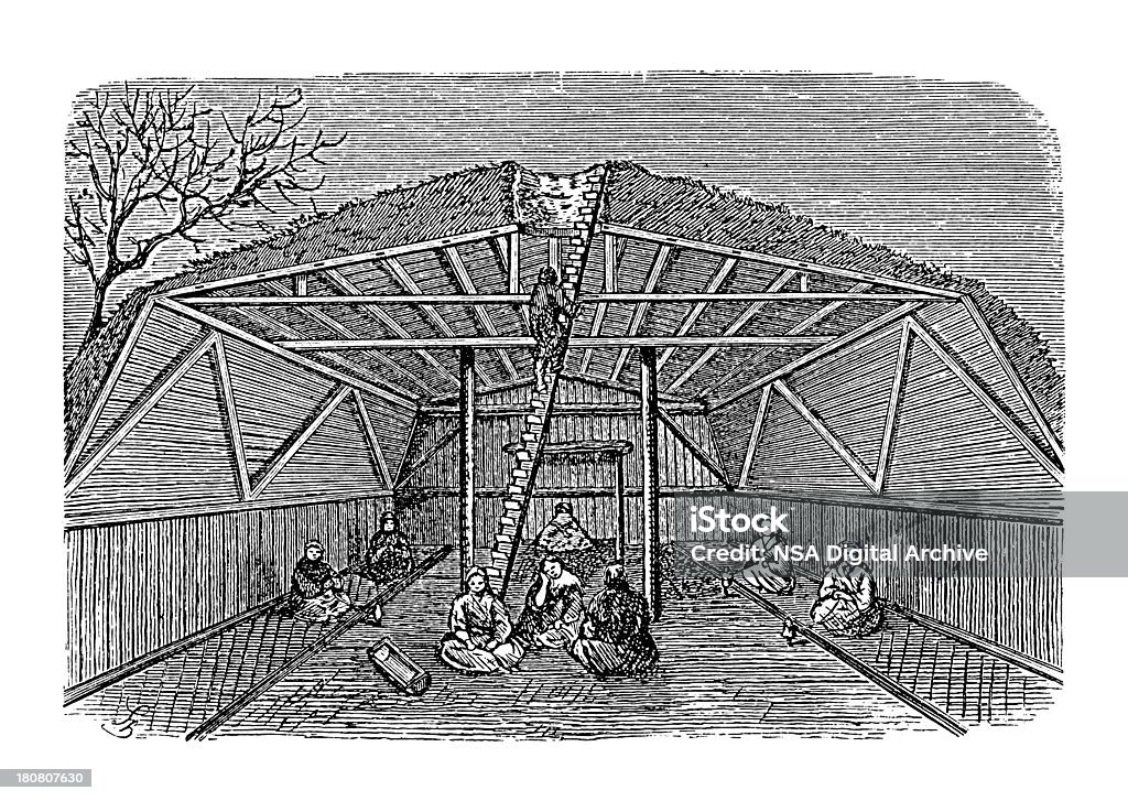 Хижина в Камчатка (состаренное дерево гравировка) - Стоковые иллюстрации XIX век роялти-фри