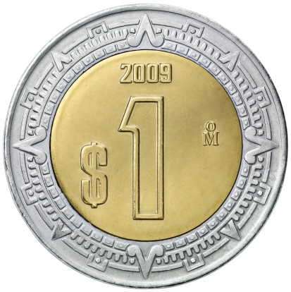 A current one peso Mexican coin, isolated on white, include clipping path.