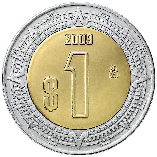 Obverse of the Mexican one peso coin A current one peso Mexican coin, isolated on white, include clipping path. mexican currency stock pictures, royalty-free photos & images