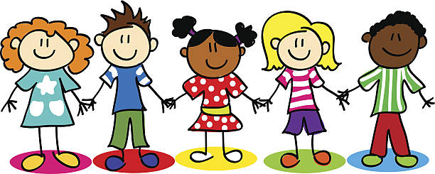 Stick figure ethnic diversity kids Fun stick figure cartoon kids, little boys and girls, ethnic diversity. multicultural children stock illustrations