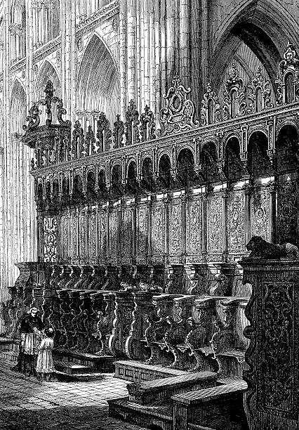 antyczne ilustracja przedstawiająca wewnątrz bayeux katedra - tkanina z bayeux stock illustrations