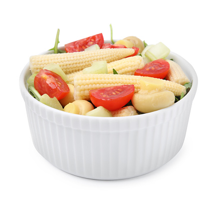 Tasty baby corn with vegetables and champignons isolated on white