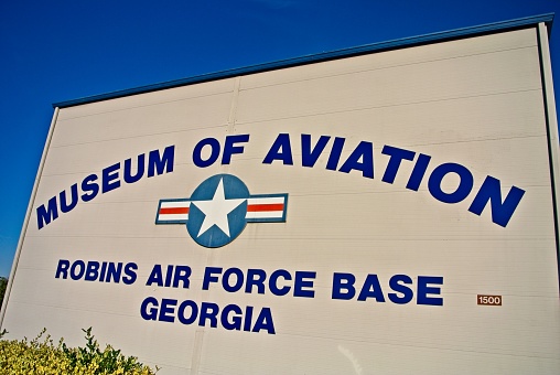 Image is intended for editorial use -  Museum of Aviation Sign Robots Air Force Base, Georgia