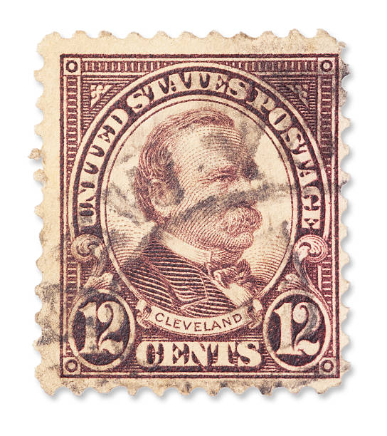 Vintage US Stamp - President Grover Cleveland "Vintage used US stamp with US President Stephen Grover Cleveland (March 18, 1837 aa June 24, 1908). Isolated on white with light shadow. Canon 5D Mark II and Sigma lens.SEE MORE US VINTAGE STAMPS HERE:" grover cleveland stock pictures, royalty-free photos & images
