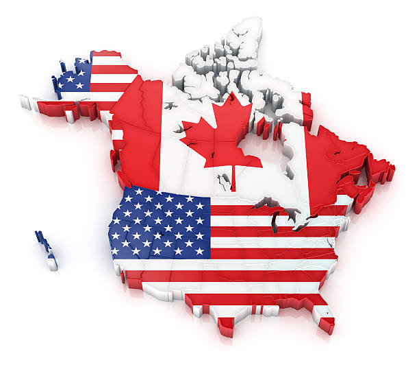 USA and Canada map with flags stock photo