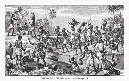 East African trade convoy in the past. Wood engraving, published in 1894.