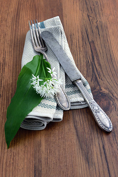 wild garlic (Allium ursinum) and antique silverware wild garlic (Allium ursinum) and antqize kitchen knife with fork. zigeunerlauch stock pictures, royalty-free photos & images