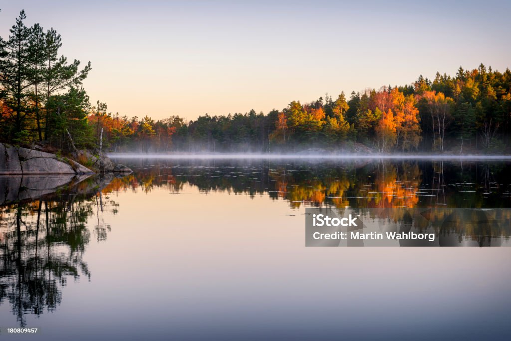 Spokojne jezioro w Jesień z mgły - Zbiór zdjęć royalty-free (Jezioro)