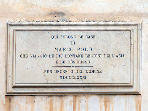 Venice, Italy - November 1 2023: Plaque at the birthplace house of Marco Polo. Venice is a city in northeastern Italy and the capital of the Veneto region.