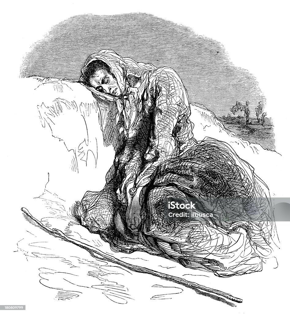 Antique illustration of poor woman Lying Down stock illustration