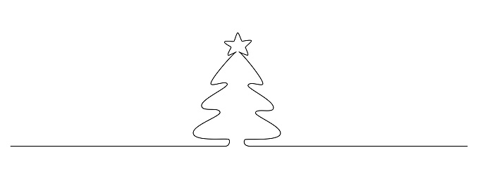 One continuous line drawing of Christmas tree with star on top. Pine plant in simple doodle style. Festive holidays symbol in editable stroke. Doodle outline vector illustration