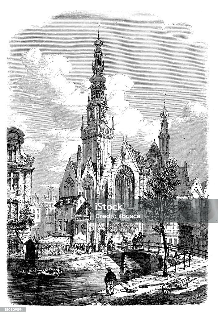 Antikes illustration von alten Kirche in Amsterdam - Lizenzfrei Alt Stock-Illustration