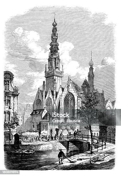 Античный Иллюстрация Старая Церковь В Амстердаме — стоковая векторная графика и другие изображения на тему Амстердам - Амстердам, Антиквариат, Башня