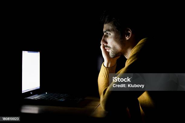 Late Night Working On Laptop Stock Photo - Download Image Now - Staring, Men, Using Laptop