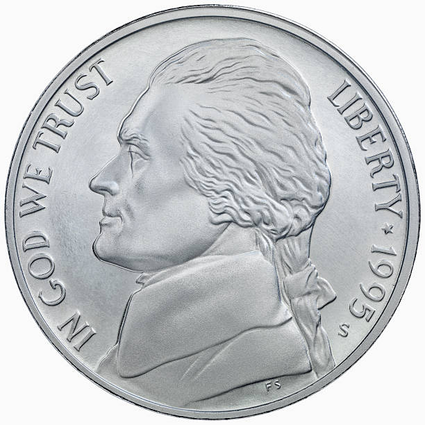 obverse des 1995 jefferson silver nickel - currency us paper currency five dollar bill usa stock-fotos und bilder