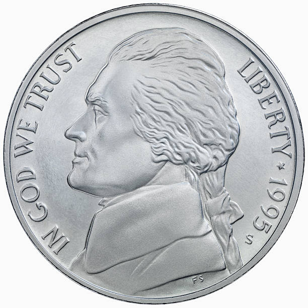 Obverse of the 1995 Jefferson silver nickel High resolution and very sharp image, Include clipping path five cent coin stock pictures, royalty-free photos & images