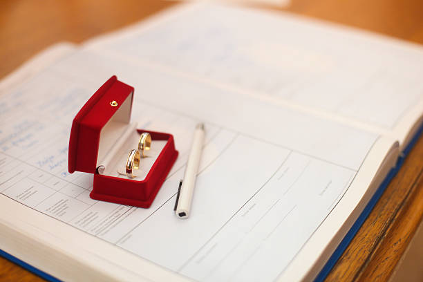 Marriage Wedding rings on wedding papers civil partnership stock pictures, royalty-free photos & images