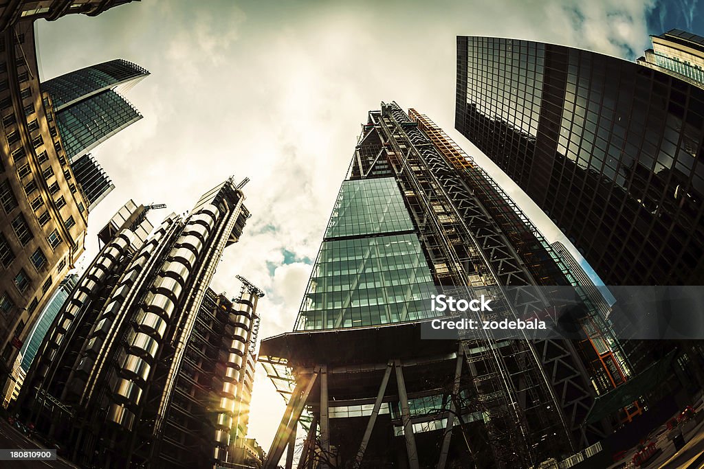 London's Business Center Skyscrapers at Sunset Buildings in London Architecture Stock Photo