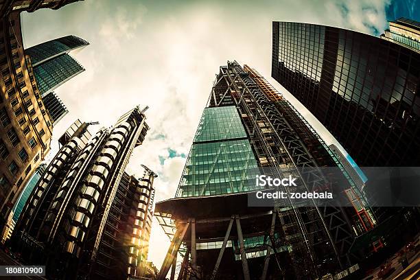 Londons Business Center Skyscrapers At Sunset Stock Photo - Download Image Now - Architecture, Blue, British Culture