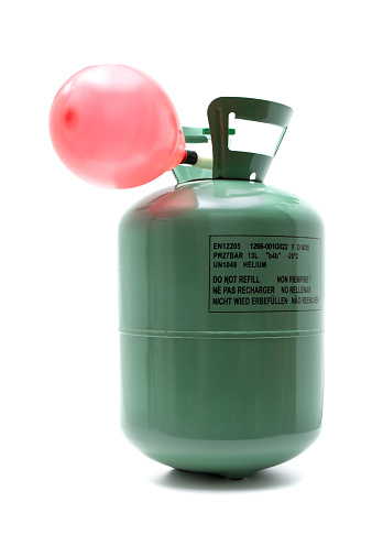 Helium gas cylinder and balloon isolated on white background.