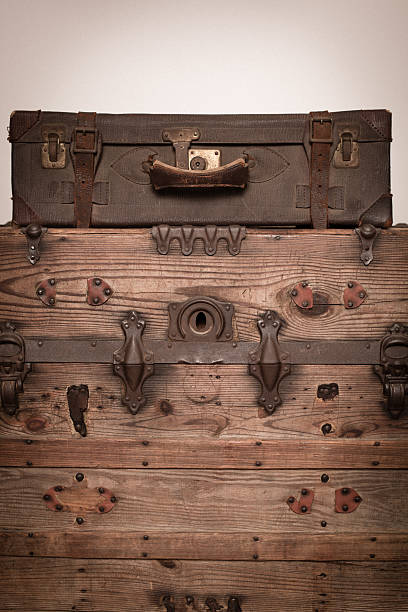 istock Retro Suitcase Sitting on Wood Trunk 180811630