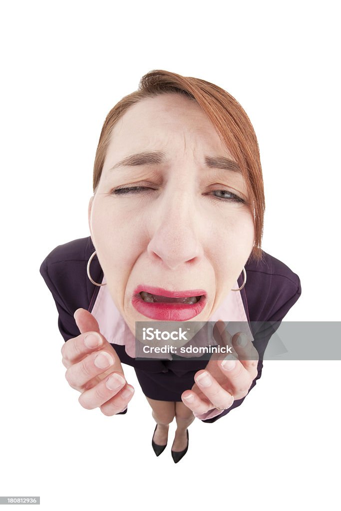 Fisheye Business Woman Crying A fisheye image of a business woman sobbing. 35-39 Years Stock Photo
