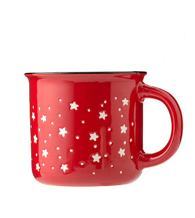 istock Red ceramic cup with stars on white background 1808129688