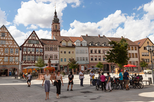Tauberbischofsheim, Germany, September 7, 2022; Market square in the center of the picturesque town of Tauberbischofsheim, Baden-Württemberg; Germany.