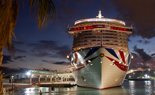 Málaga, Spain - 2nd November 2023:MS Iona, a large cruise ship run by P&O Cruises, moored in the cruise terminal in Málaga, Costa Del Sol, Spain. Shallow depth of field.