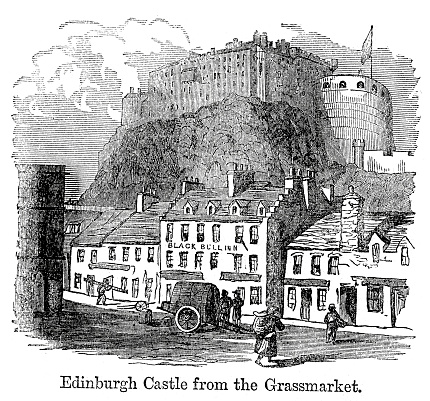 Vintage engraving from 1864 of Edinburgh Castle from the Grassmarket