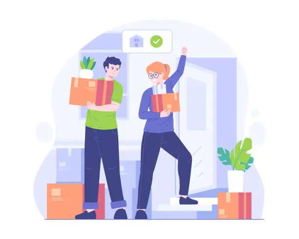 Vector illustration of Couple moving or leaving their home