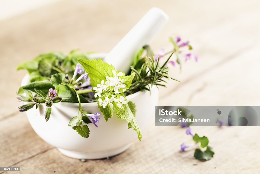 Medicina Alternativa wildgrowing plantas aromáticas Desabrochando em Pilão - Royalty-free Erva Foto de stock