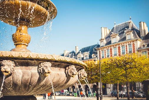 Fontain on the Place des Vosges in Paris. Toned picture.