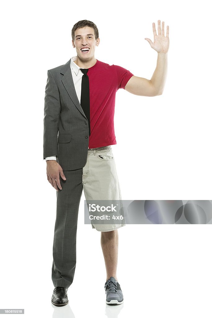 Homem com desenhos animados acenando as mãos dupla personalidade - Foto de stock de 20 Anos royalty-free