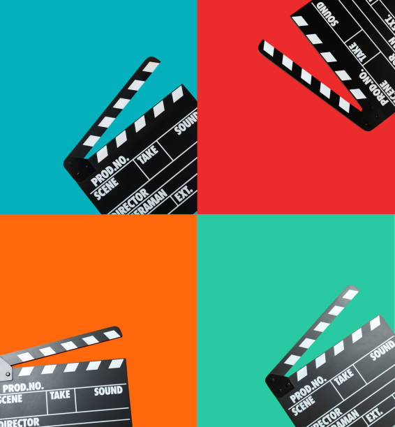 istock Set with clapperboards on different color backgrounds, top view 1808170386