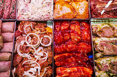 Marinated meat: pork shish kebab,  and meat in tomato sauce and other variants
