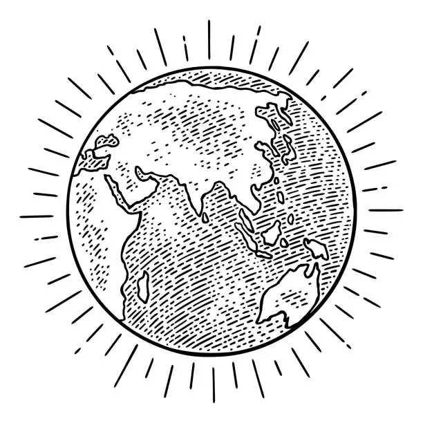 Vector illustration of Earth planet globe. Vector black vintage engraving illustration