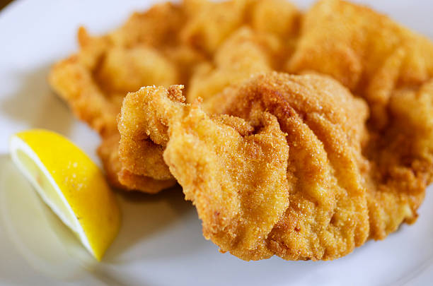 Wiener Schnitzel in Vienna, Austria "Traditional Viennese food called Wiener Schnitzel. The variety shown here comprises a thin cut of veal, a wedge of lemon, and potato salad." schnitzel stock pictures, royalty-free photos & images