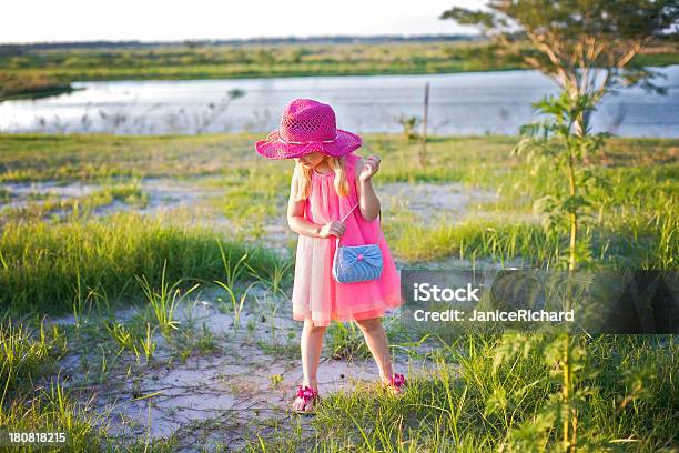 Sofisticado Menina Com Vestido Rosa Em Campo - Fotografias de stock e mais imagens de Claro - Claro, Cor Viva, Olhar para Baixo