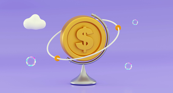 3d Dollar coin icon in the form of a globe Investment and savings Concept for business, web sites, online shop, finance, banks Money saving Minimal three-dimensional 3D illustration