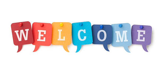 WELCOME on colourful speech bubbles stock photo