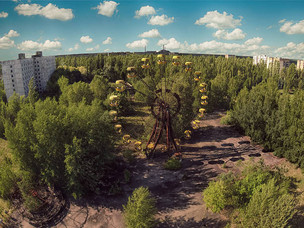 Chernobyl Aerial photo of abandoned town of Pripyat in Chernobyl with the amusement park which never opened. chornobyl photos stock pictures, royalty-free photos & images