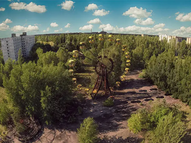Aerial photo of abandoned town of Pripyat in Chernobyl with the amusement park which never opened.