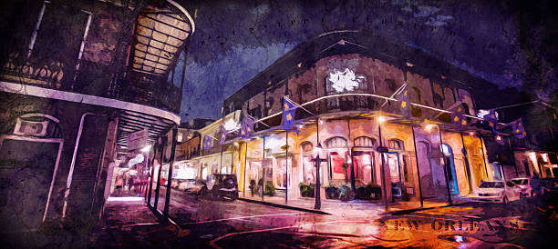 New Orleans at Night A stock photo of a photo manipulation taken in New Orleans Lousianna at night after a rainstorm. french quarter stock pictures, royalty-free photos & images