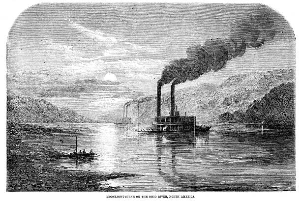 Ohio River Scene "Vintage engraving from 1861 showing a moonlight scene on the Ohio River, North America" ohio river photos stock illustrations