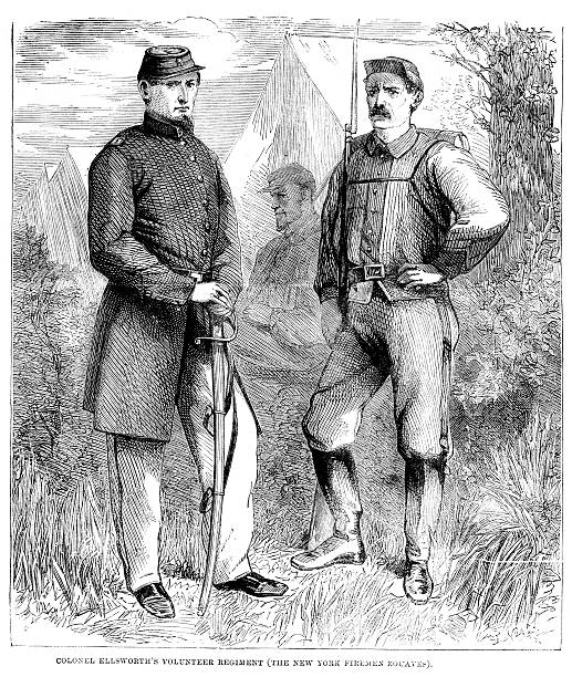 American Civil War - 11th New York Infantry "Vintage engraving from 1861 showing a scene form the American Civil War. Colonel Ellsworth's volunteer regiment, the New York Firemen zouaves." civil war bayonet stock illustrations