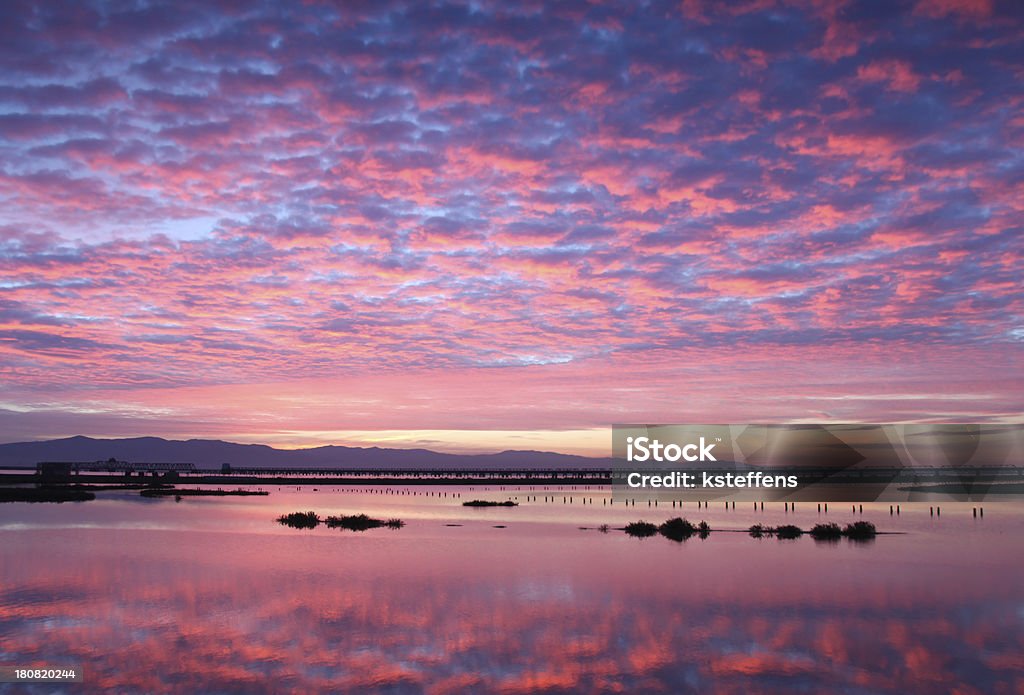 Sunrise Bay Area - Menlo Park , California, USA Sunrise at Don Edwards National Wildlife Refuge, Menlo Park, California. San Francisco Bay is a very large estuary created by the narrom gap in the mountains spanned by the Golden Gate Bridge. Calm waters in these former salt ponds create a reflection. This area is part of the Don Edwards National Wildlife Preserve. Captured with Canon 5D Mark II California Stock Photo